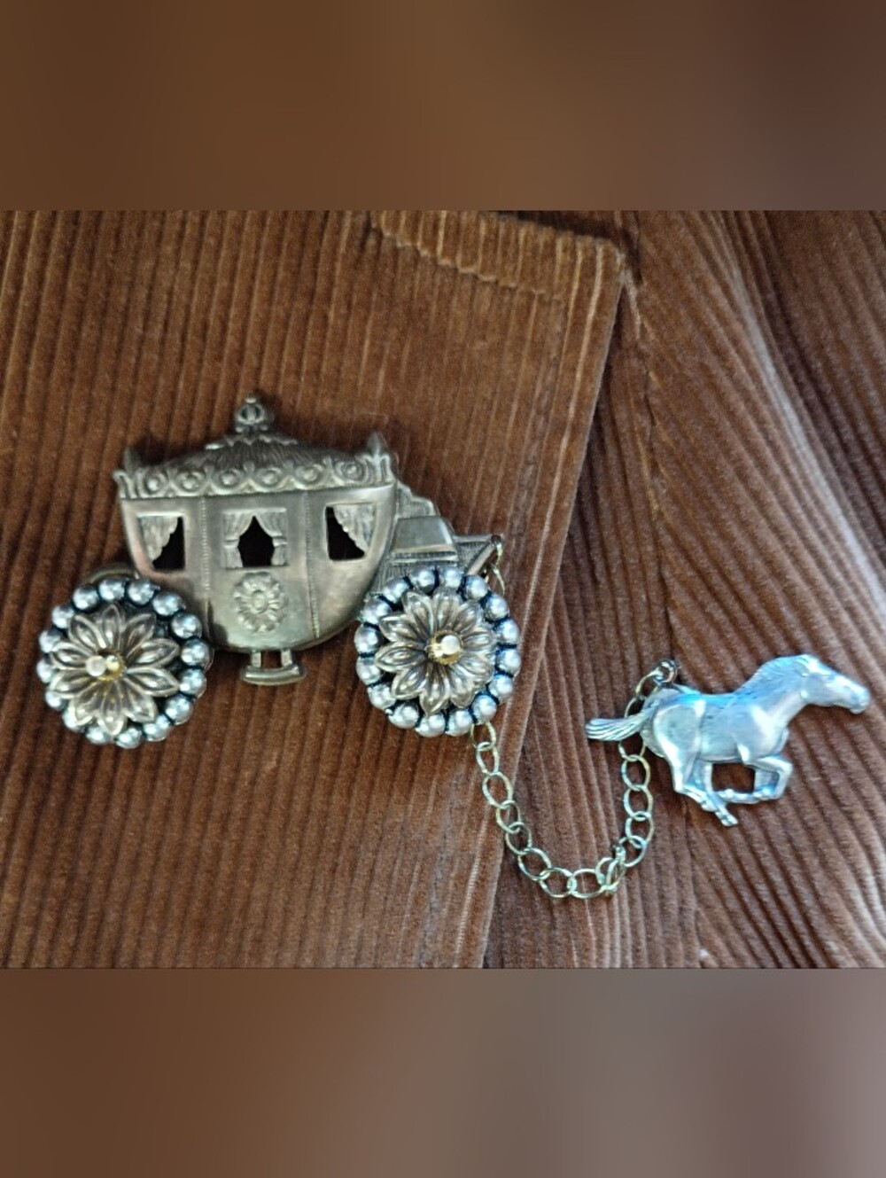 1960's Royal Carriage Brooch Pins Brass/Silver Horse Cinderella Inspired